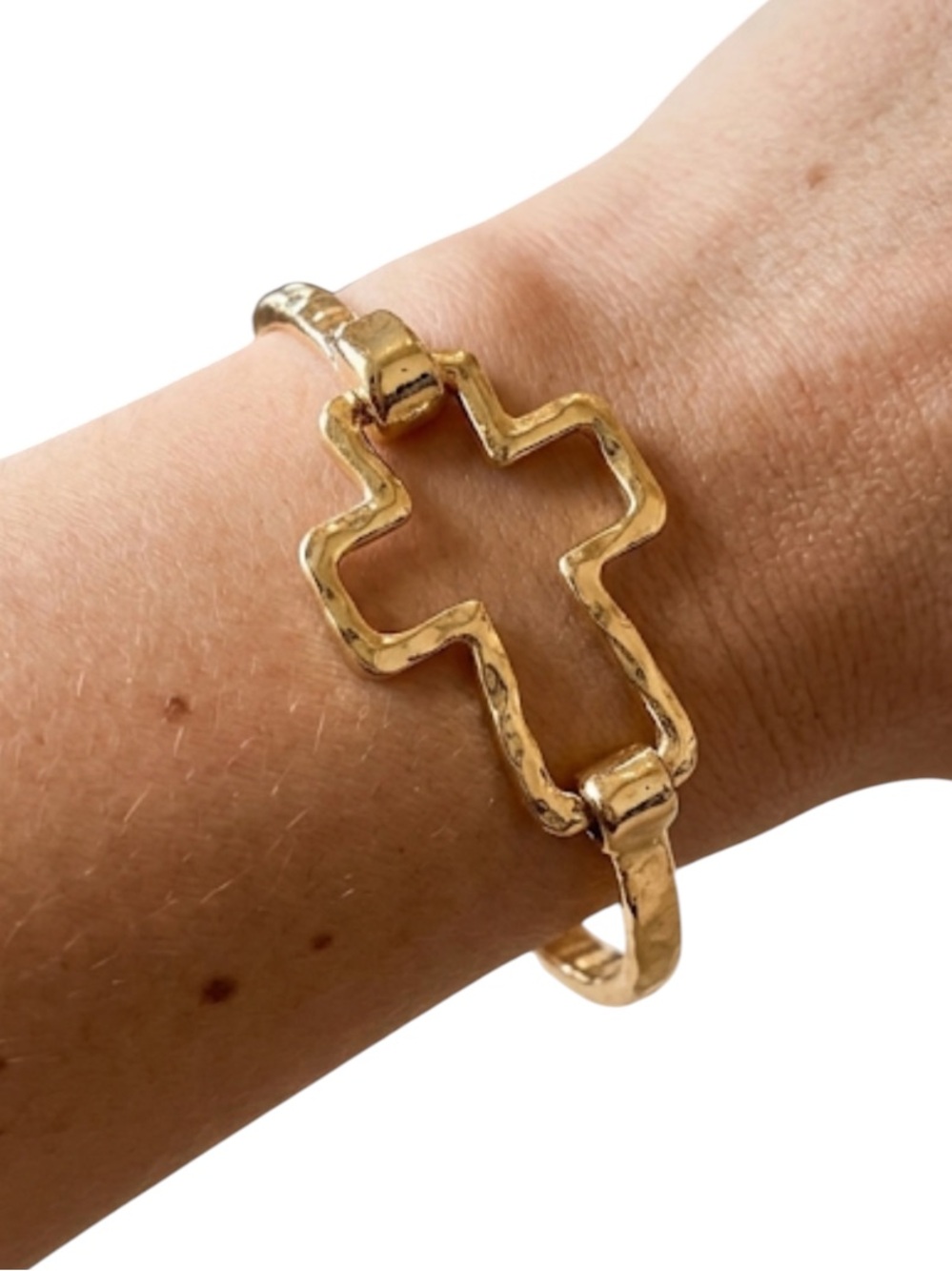 Gold Hammered Hinged Cross Bangle Bracelet Faith Religious Christian Gift
C4